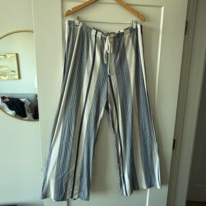 H&M Wide Leg Striped Linen Blend Pants in Cream